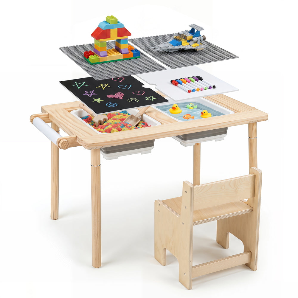 Kids sensory table set with adjustable height, two storage bins, and dual-sided tabletop for versatile play activities.