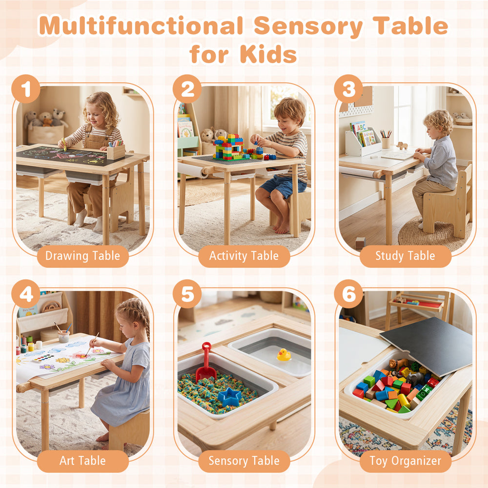 Kids sensory table set with adjustable height, dual-sided panels, and two storage bins for versatile play and organization.