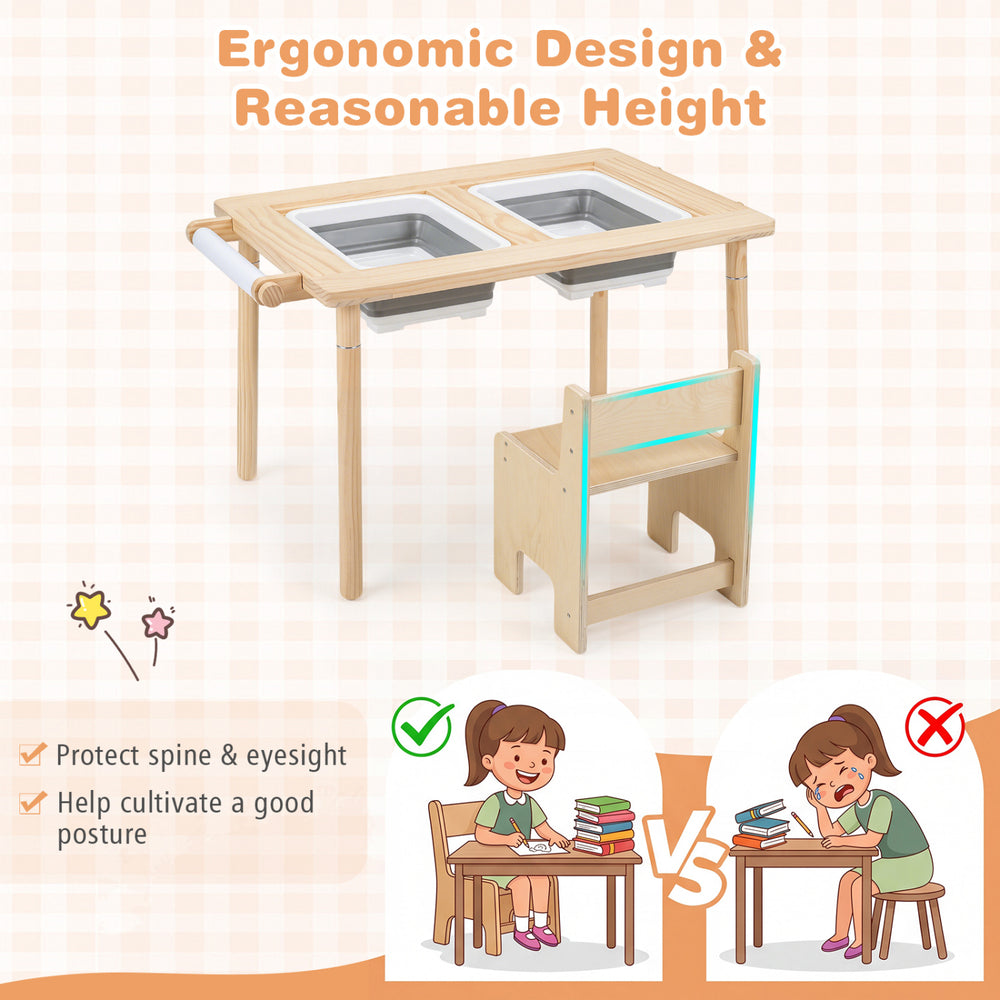 Kids sensory table set with adjustable height, two storage bins, and solid wood legs for versatile play and organization.