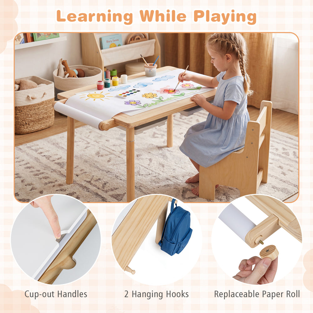 Kids sensory table set with adjustable height, featuring dual-sided panels, storage bins, and side hooks for art activities.