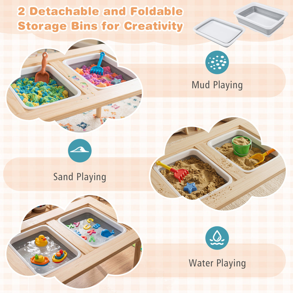 Kids sensory table set featuring adjustable height, two removable storage bins, and solid wood legs for stability.
