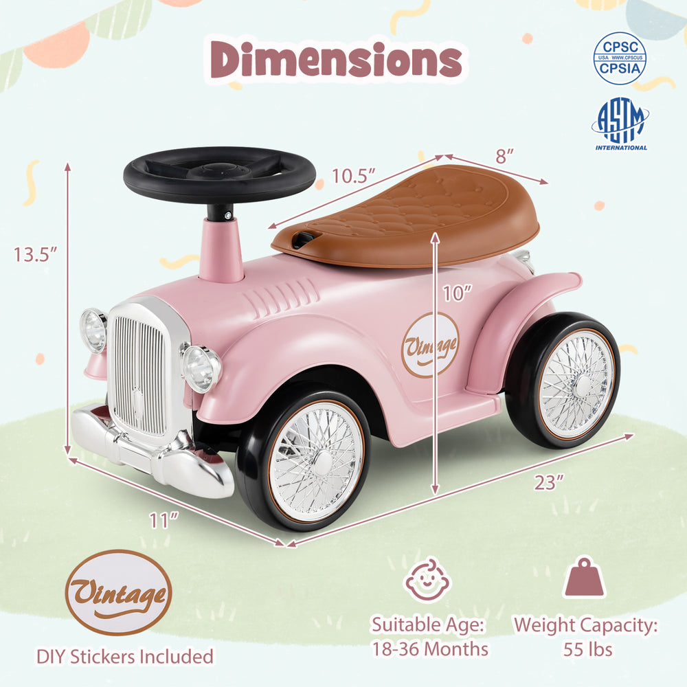 Kids sit to stand vehicle in pink with working steering wheel, under-seat storage, and vintage design for ages 18-36.