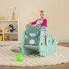 Convertible 3-in-1 kids slide rocking horse set in green, featuring frog design, safe handrails, and a basketball hoop.
