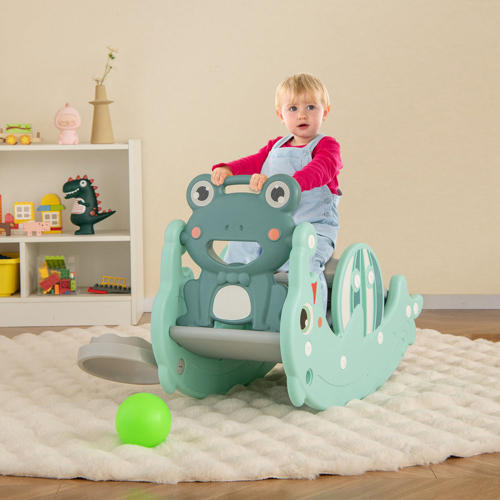 Convertible 3-in-1 kids slide rocking horse set in green, featuring frog design, safe handrails, and a basketball hoop.