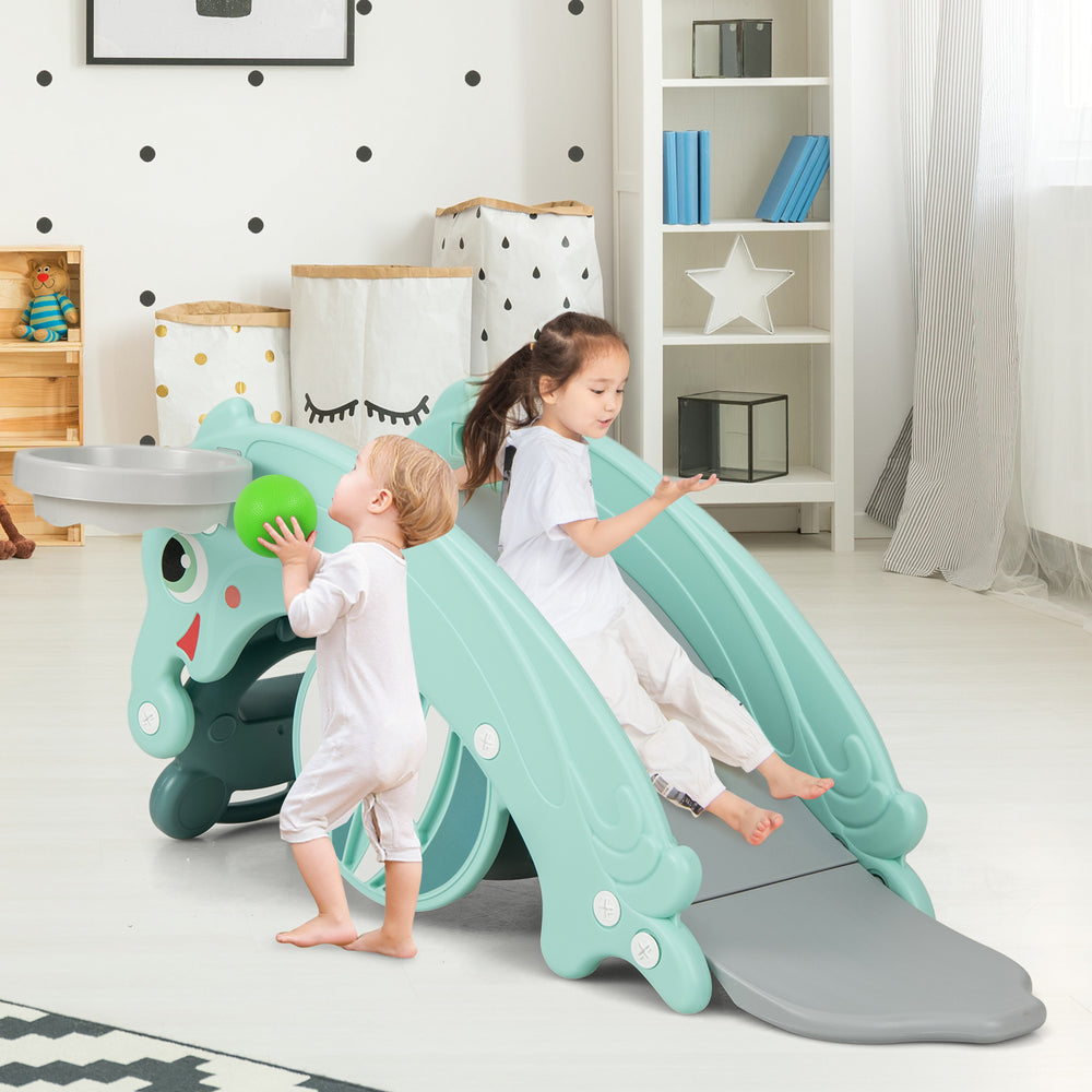 Kids 3-in-1 slide rocking horse set in green with basketball hoop, designed for safe and fun indoor play.