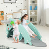 Kids 3-in-1 slide rocking horse set in green with basketball hoop, designed for safe and fun indoor play.