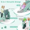 3-in-1 kids slide rocking horse set in green, featuring a slide, basketball hoop, and safe 180° rotation for easy.