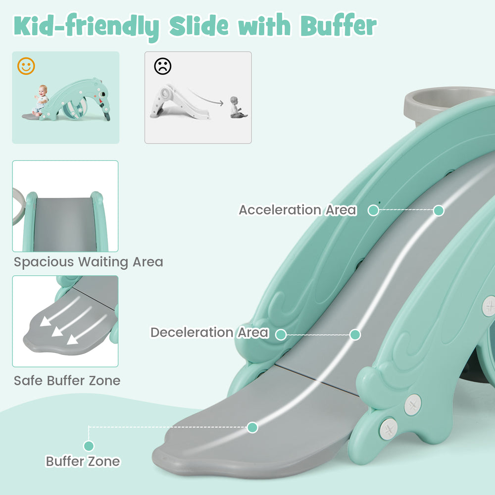 Kid-friendly green slide with buffer zone, featuring a spacious waiting area and safe design for toddlers' fun and.