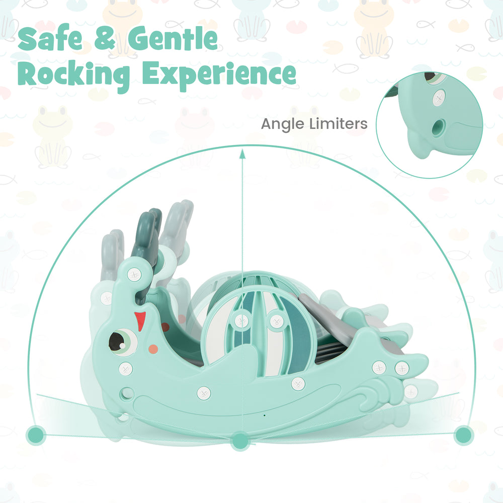 Convertible 3-in-1 kids slide rocking horse set in green with angle limiters for safe play and fun activities.
