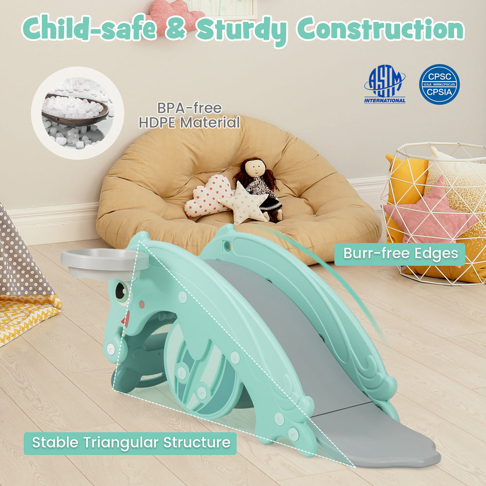Convertible 3-in-1 kids slide rocking horse set in green, featuring a sturdy triangular structure and safe burr-free.