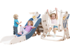 Kids enjoying the 4-in-1 slide and swing set with basketball hoop, featuring safe design and foldable slide for easy.