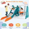 5-in-1 kids slide and swing set in multicolor with slide, swing, basketball hoop, and mini bus for imaginative play.