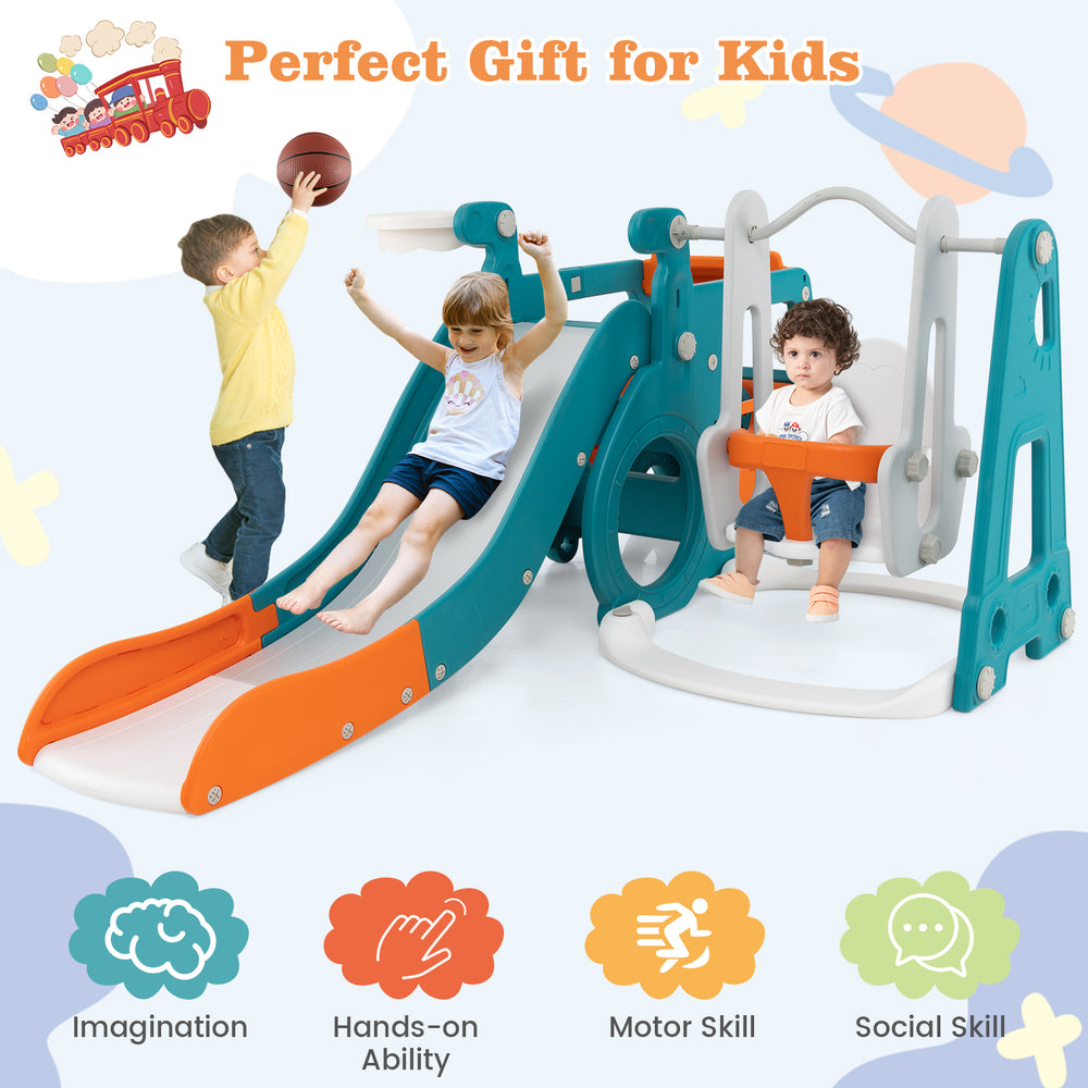 5-in-1 kids slide and swing set in multicolor with slide, swing, basketball hoop, and mini bus for imaginative play.