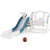 Kids 4-in-1 slide and swing set in blue with basketball hoop, designed for safety and fun in playrooms and nurseries.