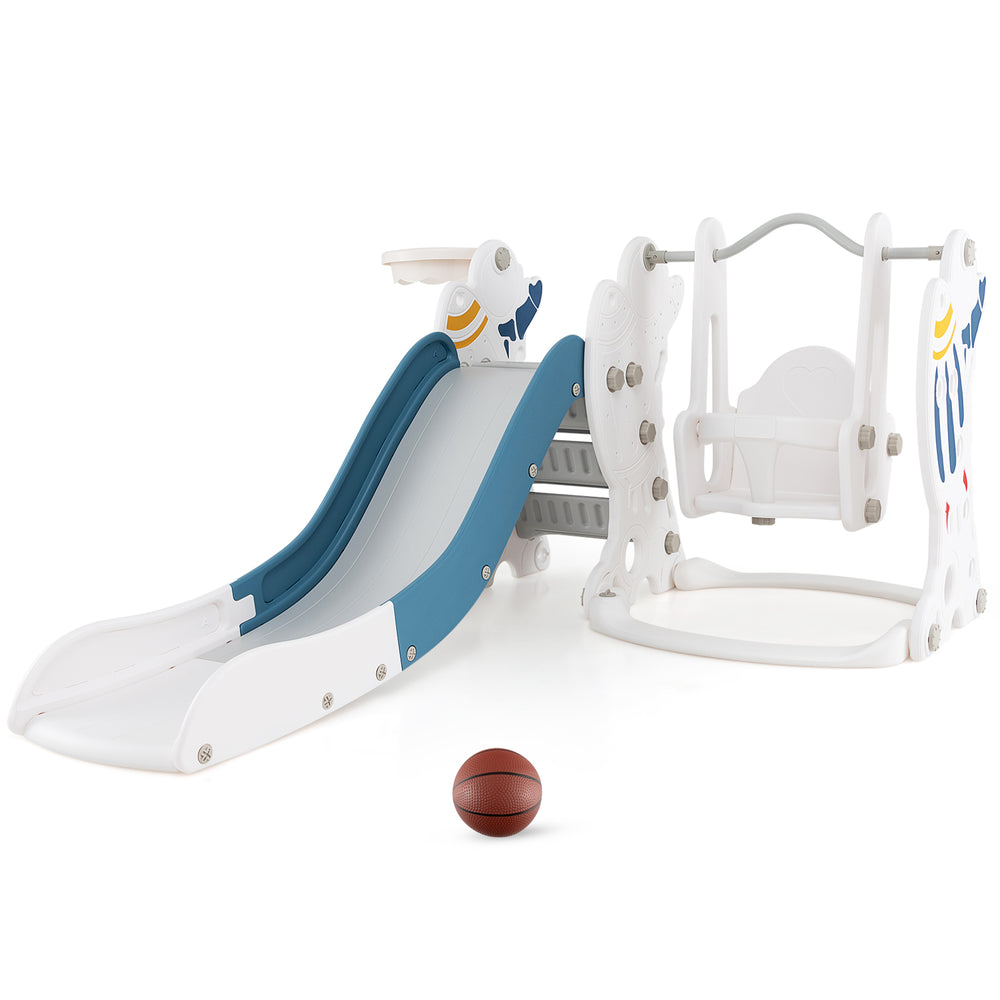 Kids 4-in-1 slide and swing set in blue with basketball hoop, designed for safety and fun in playrooms and nurseries.