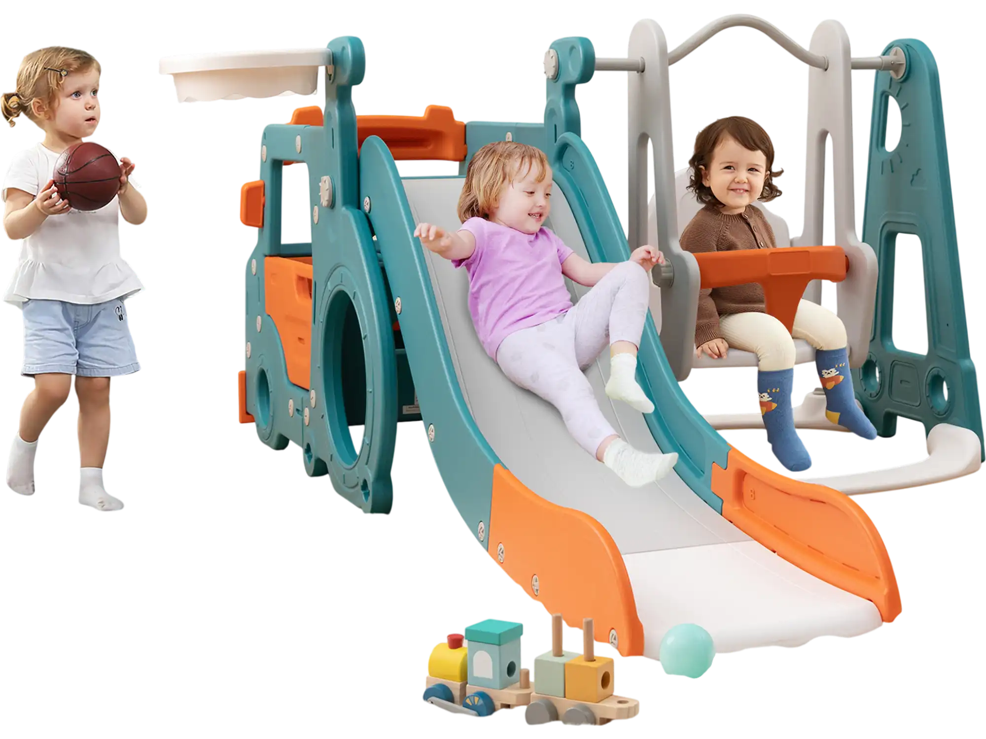 Costway 5-in-1 Kids Slide Swing Set Mini Bus Basketball Hoop 86149375 New