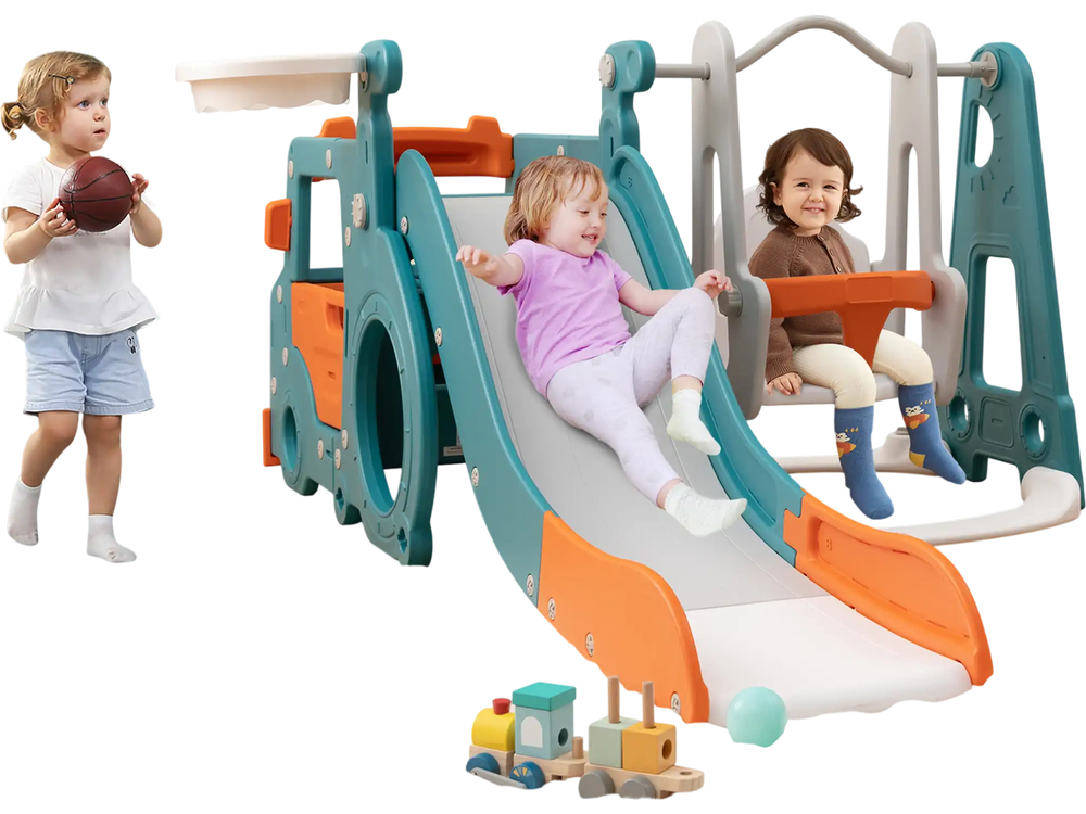 Kids enjoying the 5-in-1 multicolor slide and swing set with mini bus, basketball hoop, and playful activities.