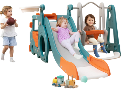 Costway 5-in-1 Kids Slide Swing Set Mini Bus Basketball Hoop 86149375 New