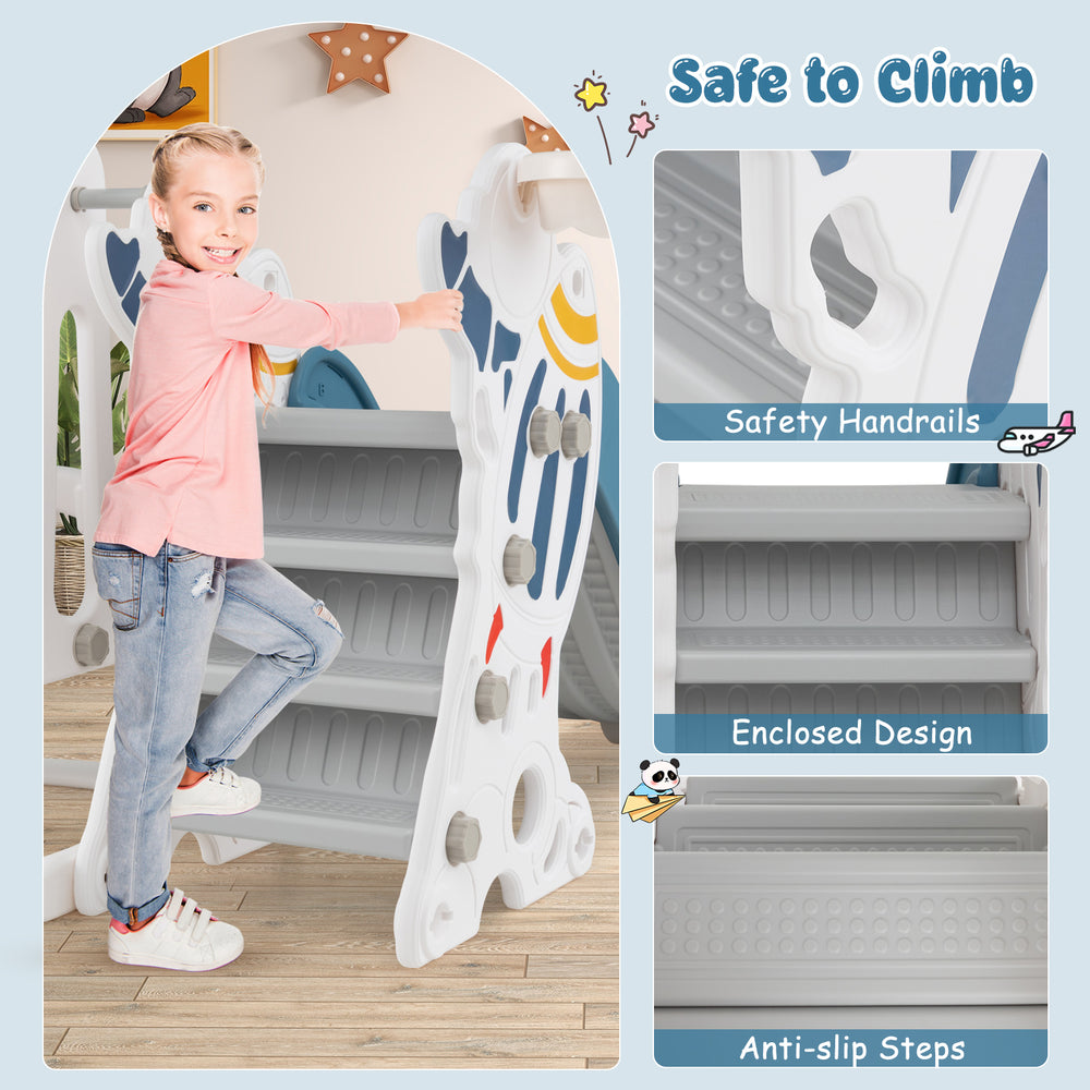 Kids climbing the 4-in-1 slide and swing set with safety handrails and anti-slip steps for secure play.