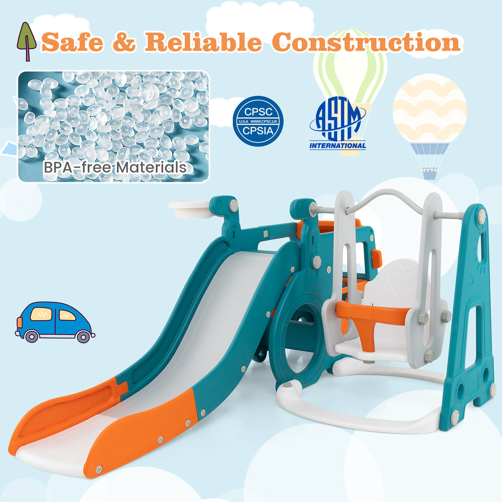 5-in-1 kids slide and swing set in multicolor with slide, swing, tunnel, basketball hoop, and mini bus for safe play.