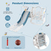 Kids slide and swing set in blue with basketball hoop, featuring foldable design and safety features for ages 18 months.