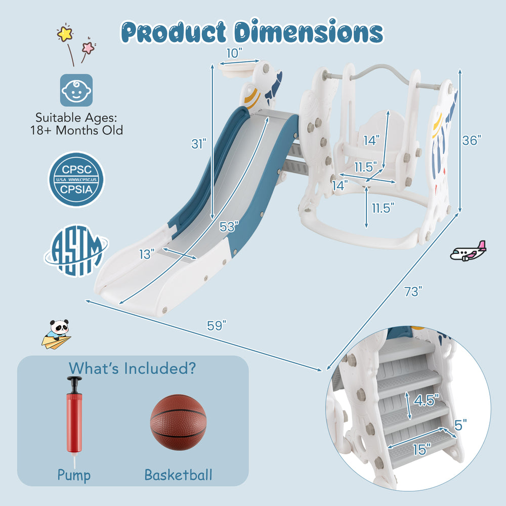 Kids slide and swing set in blue with basketball hoop, featuring foldable design and safety features for ages 18 months.