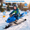 Kids snow racer sled in blue features a powder-coated metal frame, ergonomic seat, and foot brake for safe winter fun.