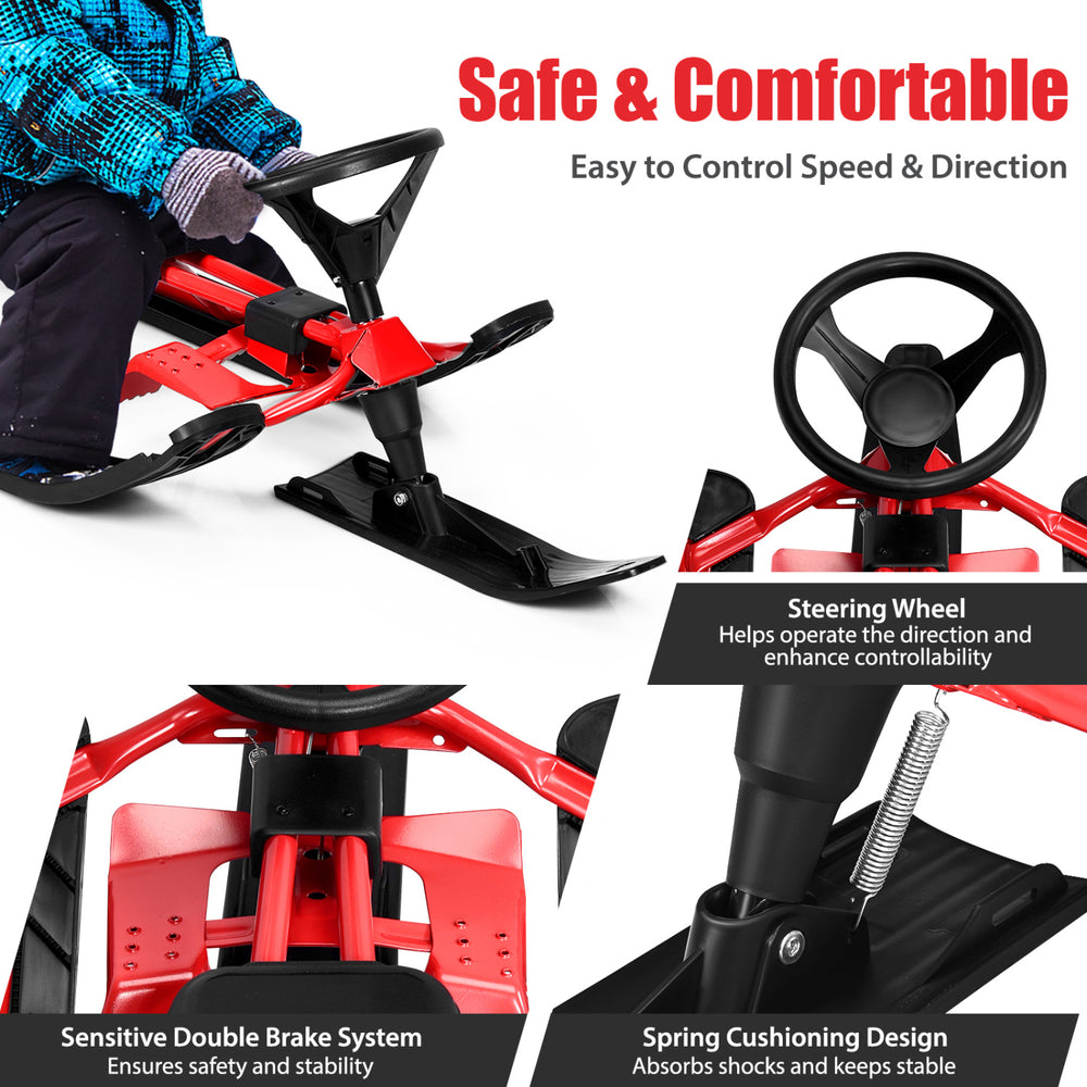 Kids snow sled in red featuring a steering wheel, double brakes, and a comfortable seat for safe outdoor fun.