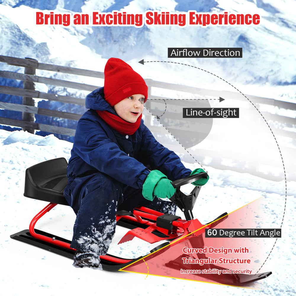 Kids snow sled in red with steering wheel, double brakes, and triangular structure for stability and easy maneuvering.