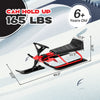 Kids snow sled in red with steering wheel, double brakes, and pull rope, designed for ages 6+, holds up to 165 lbs.