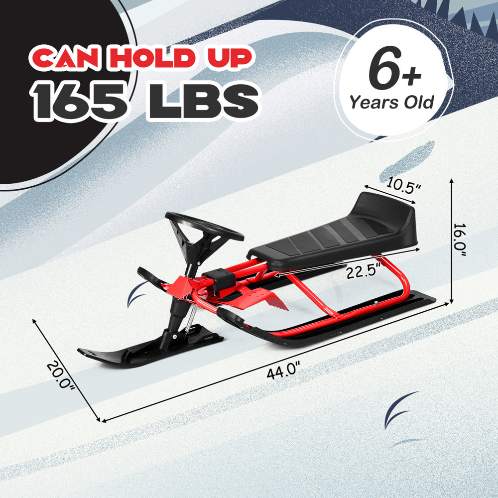 Kids snow sled in red with steering wheel, double brakes, and pull rope, designed for ages 6+, holds up to 165 lbs.