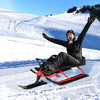 Kids snow sled in red with steering wheel and double brakes, designed for stability and fun in snowy outdoor adventures.