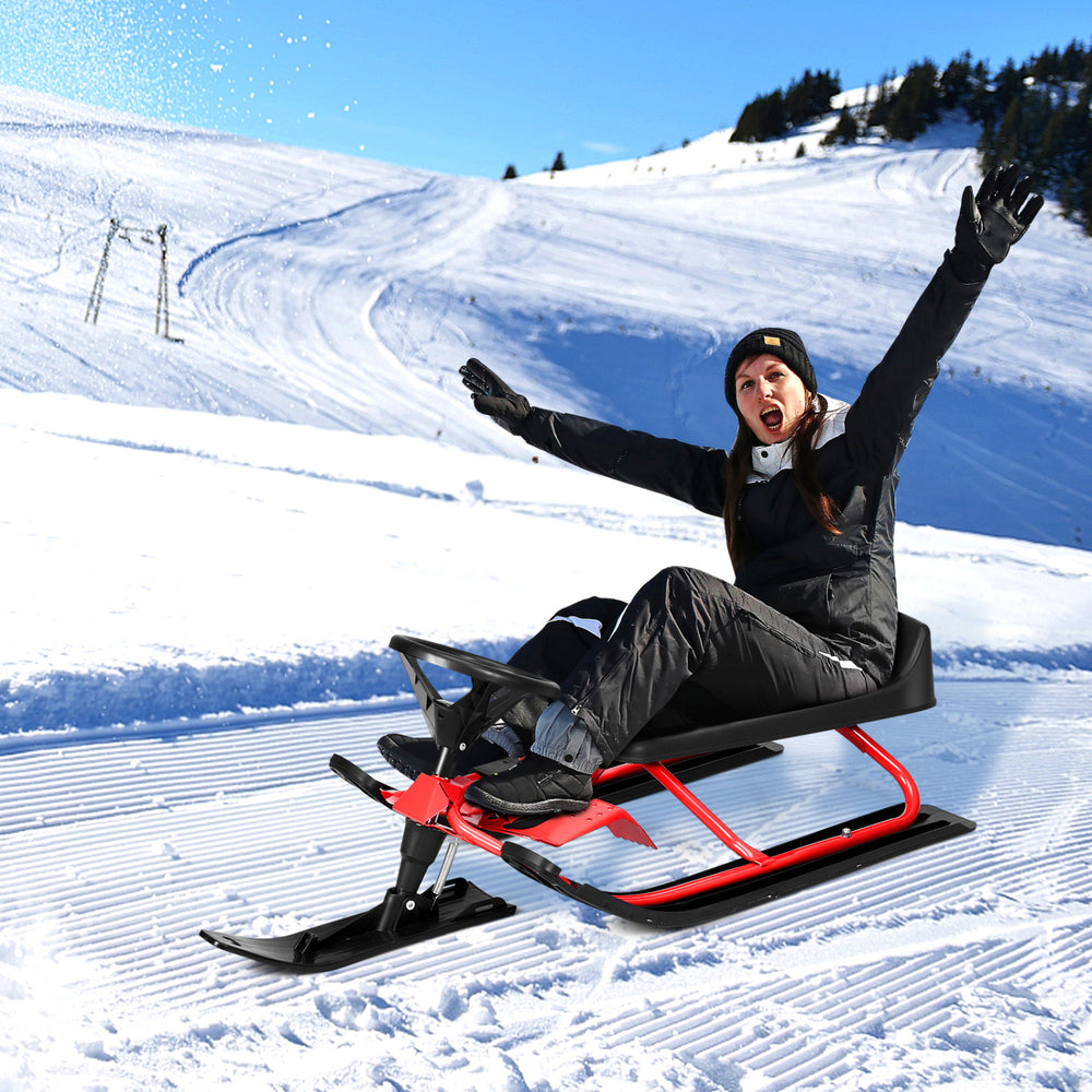 Kids Snow Sled with Steering Wheel and Double Brakes Pull Rope-Red - Gallery View 1 of 10