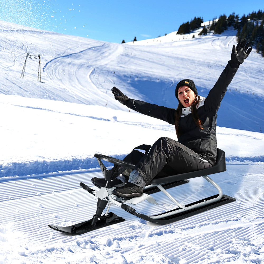 Kids Snow Sled with Steering Wheel and Double Brakes-Black - Gallery View 1 of 10