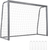 Kids soccer goal with tear-resistant net and galvanized tube frame, angled view with metal ground stakes for training matches.