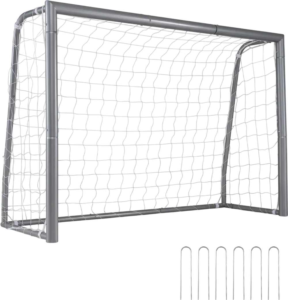 Kids soccer goal with tear-resistant net and galvanized tube frame, angled view with metal ground stakes for training matches.