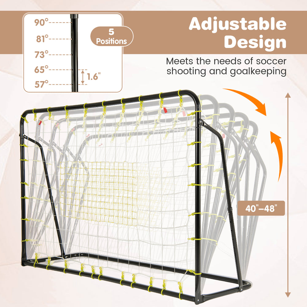 Adjustable soccer rebounder and goal in black, featuring 5 height positions from 40"-48", ideal for outdoor play.