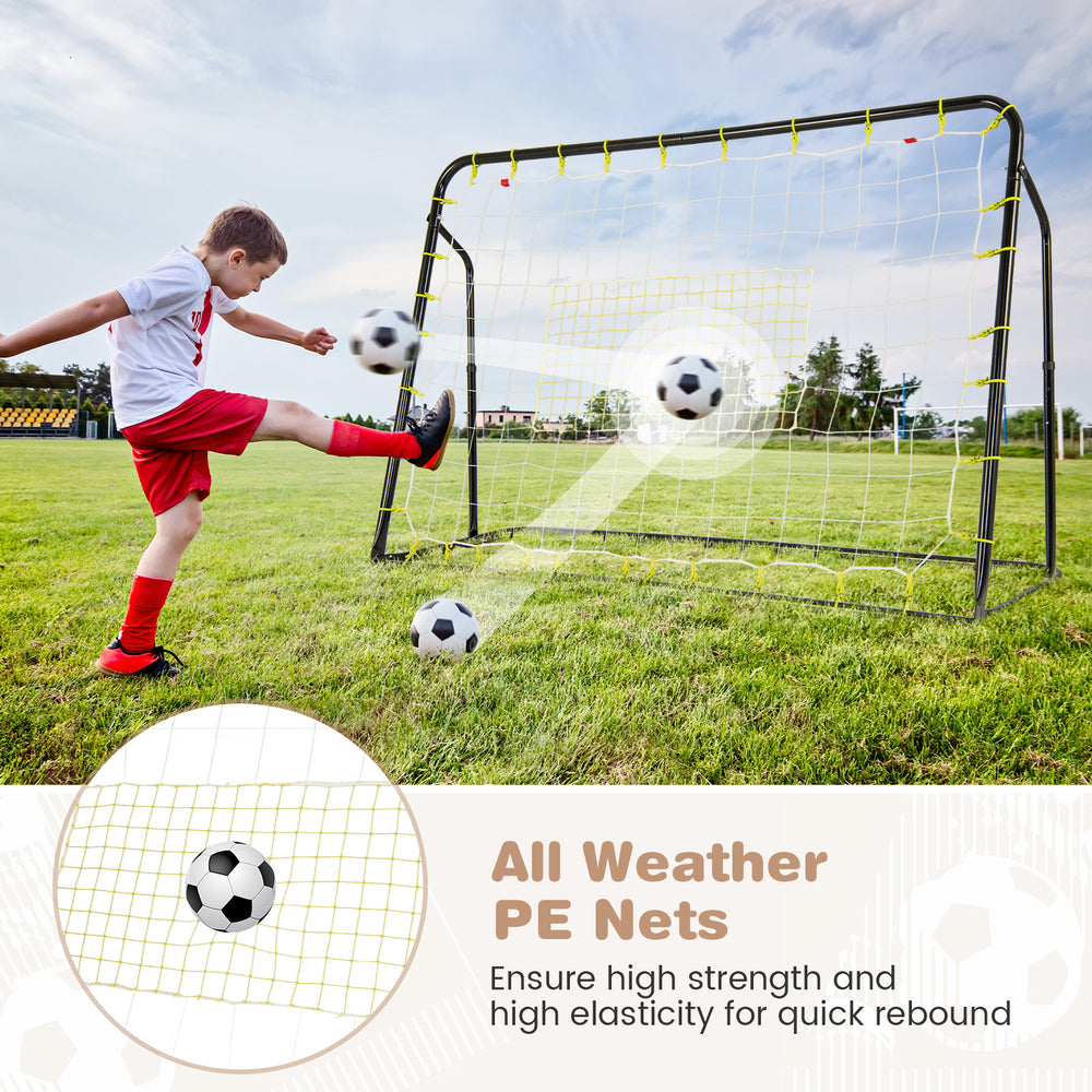 Kids soccer rebounder and goal with adjustable height, featuring durable PE nets for outdoor play and quick rebound.