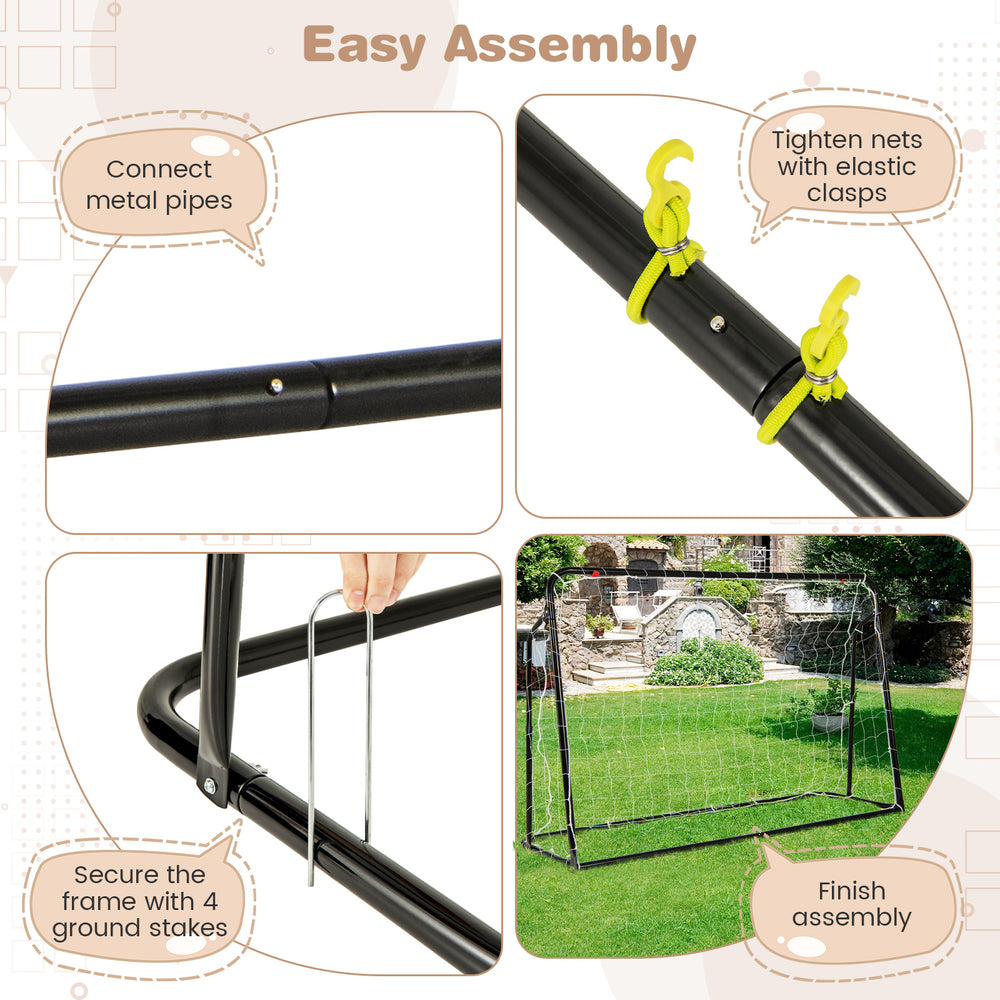 Adjustable height soccer goal and rebounder with metal frame, easy assembly, ideal for outdoor play and training.