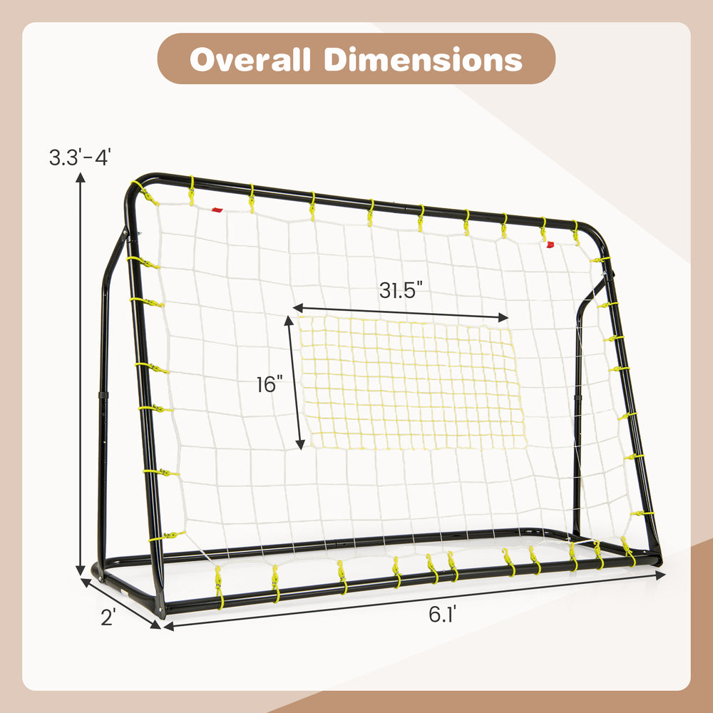 Adjustable height soccer goal and rebounder with dimensions 6.1' x 2' x 3.3'-4', ideal for outdoor play and training.