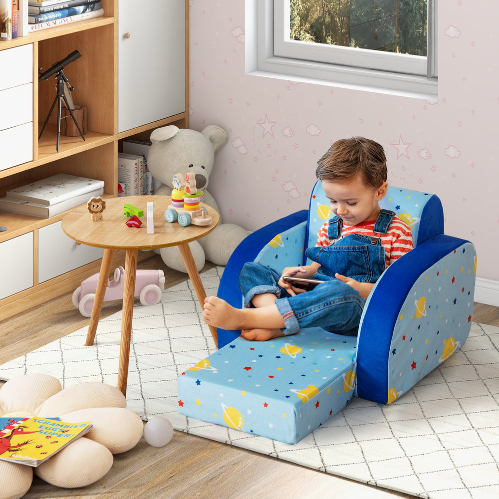 Convertible kids sofa in blue with planet pattern, designed for play, nap, and sleep, suitable for various rooms.
