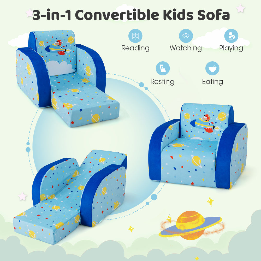 Convertible kids sofa in planet pattern, soft velvet fabric, transforms from chair to lounge bed for play and rest.