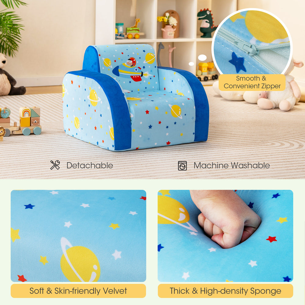 Convertible kids sofa in blue with planet pattern, made of soft velvet and high-density sponge, ideal for play and naps.