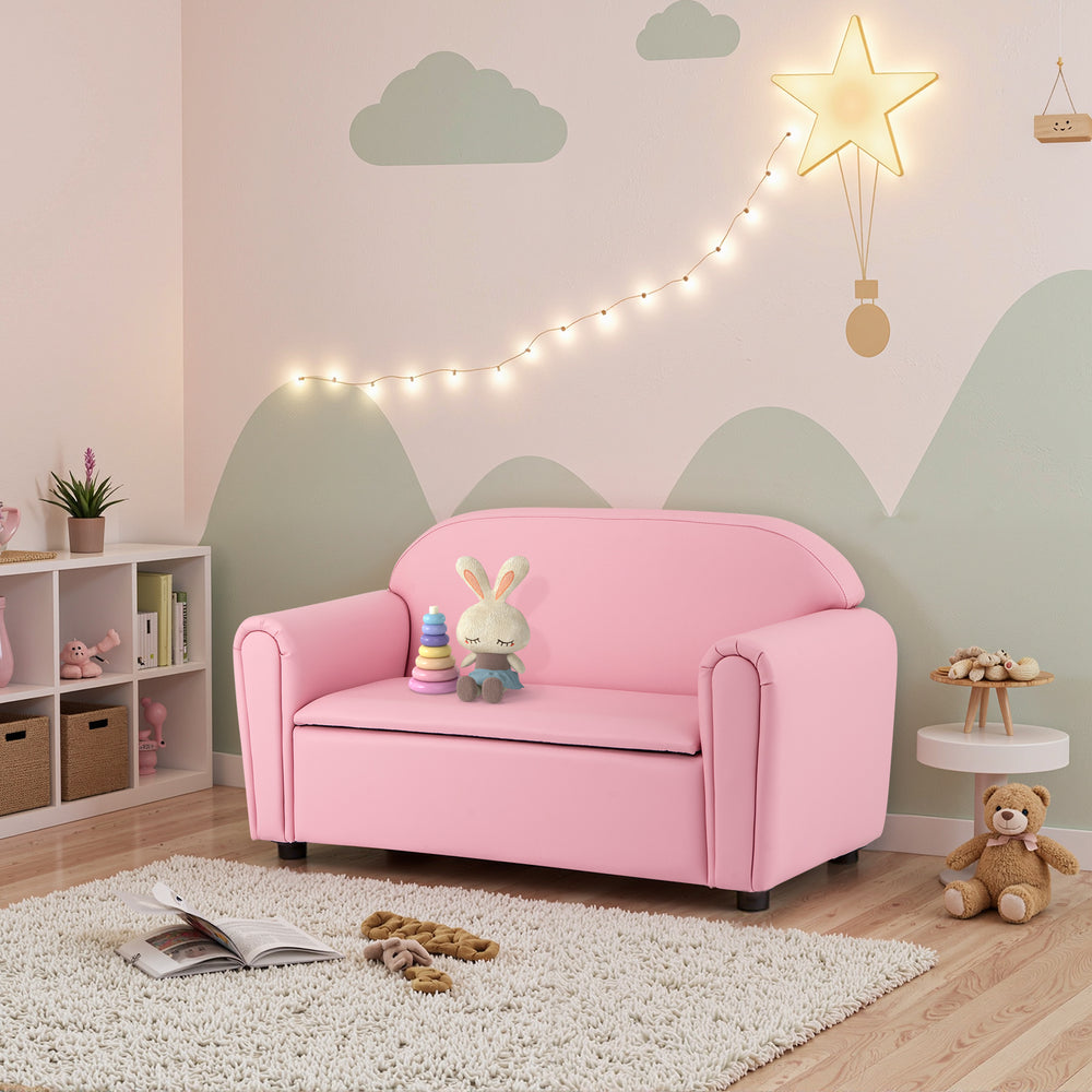 Pink kids sofa with armrests and storage function, featuring a sturdy wood frame and high-density sponge for comfort.
