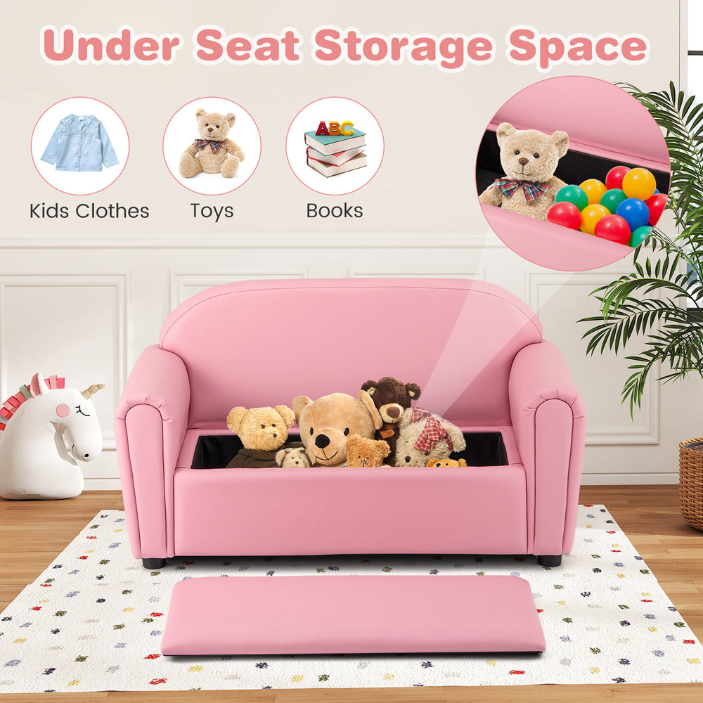 Kids sofa armrest chair in pink with under-seat storage for toys and books, perfect for reading and relaxing.