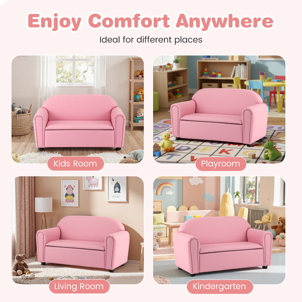 Kids sofa armrest chair in pink with storage function, perfect for playrooms or kids' rooms, offering comfort and fun.