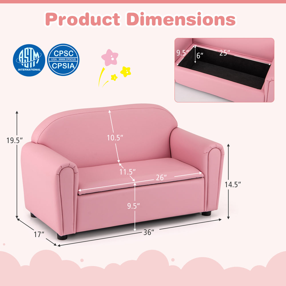 Kids sofa armrest chair in pink with storage function, featuring dimensions for a perfect fit in children's rooms.