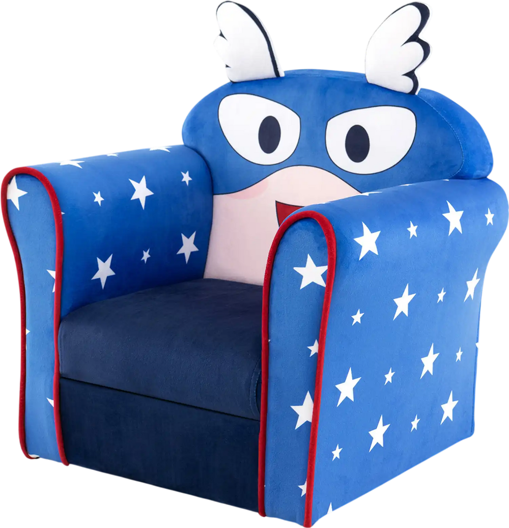 Blue kids sofa with armrests and thick cushion, featuring a cute design, ideal for children's rooms and play areas.