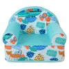 Kids armchair in blue with plush velvet cover, featuring cute patterns and ergonomic design for comfort and support.