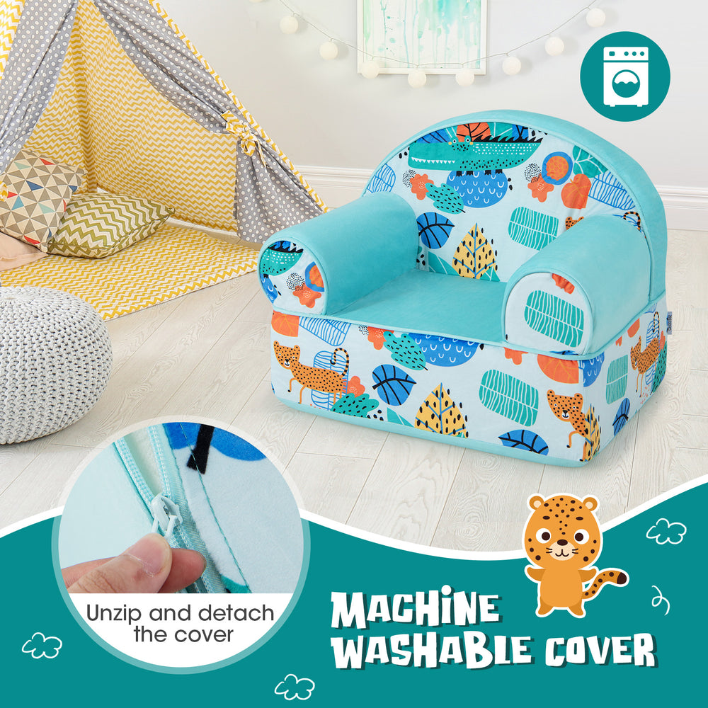 Kids armchair in blue with plush velvet cover, featuring a detachable, machine washable design and ergonomic backrest.